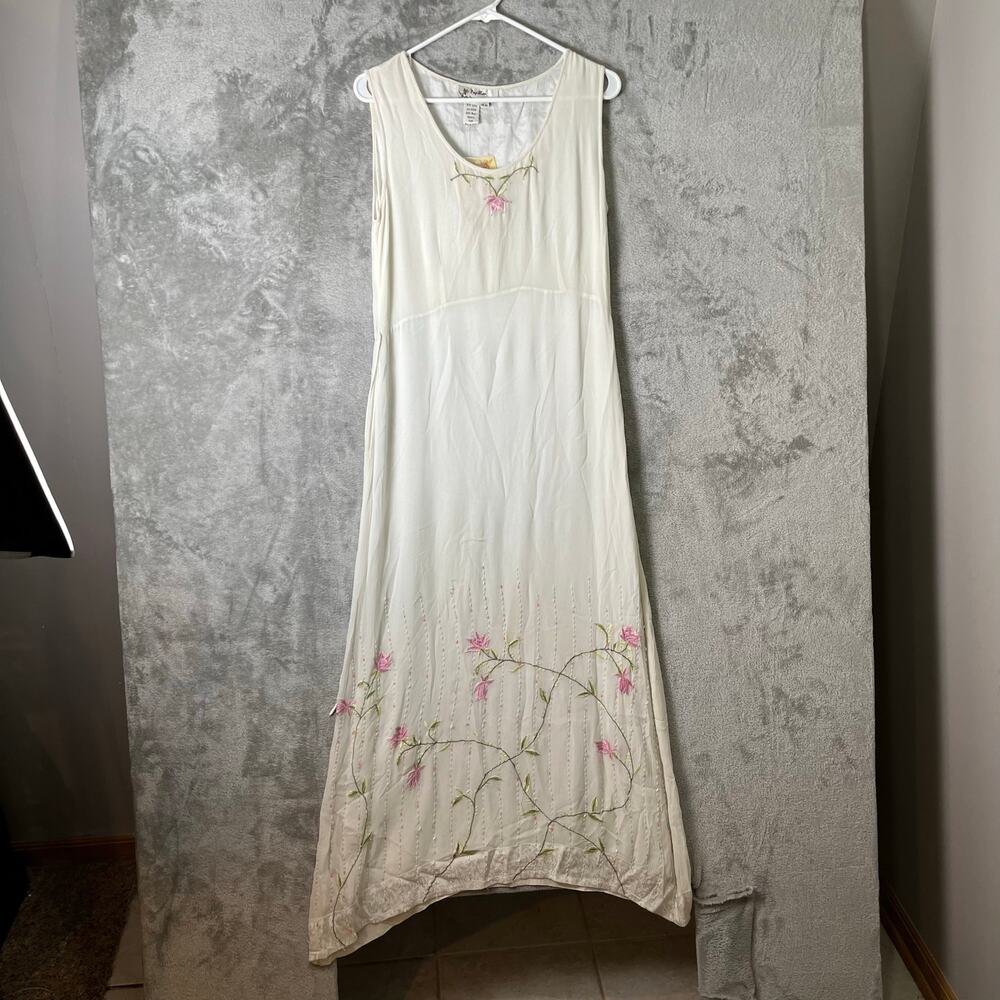 Vintage Embroidered Floral Beaded Slip Dress‎ Cream Romantic Medium Deadstock